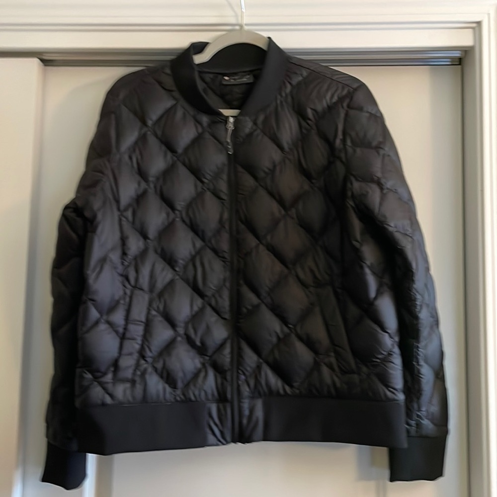 Black leather down quilted bomber style jacket